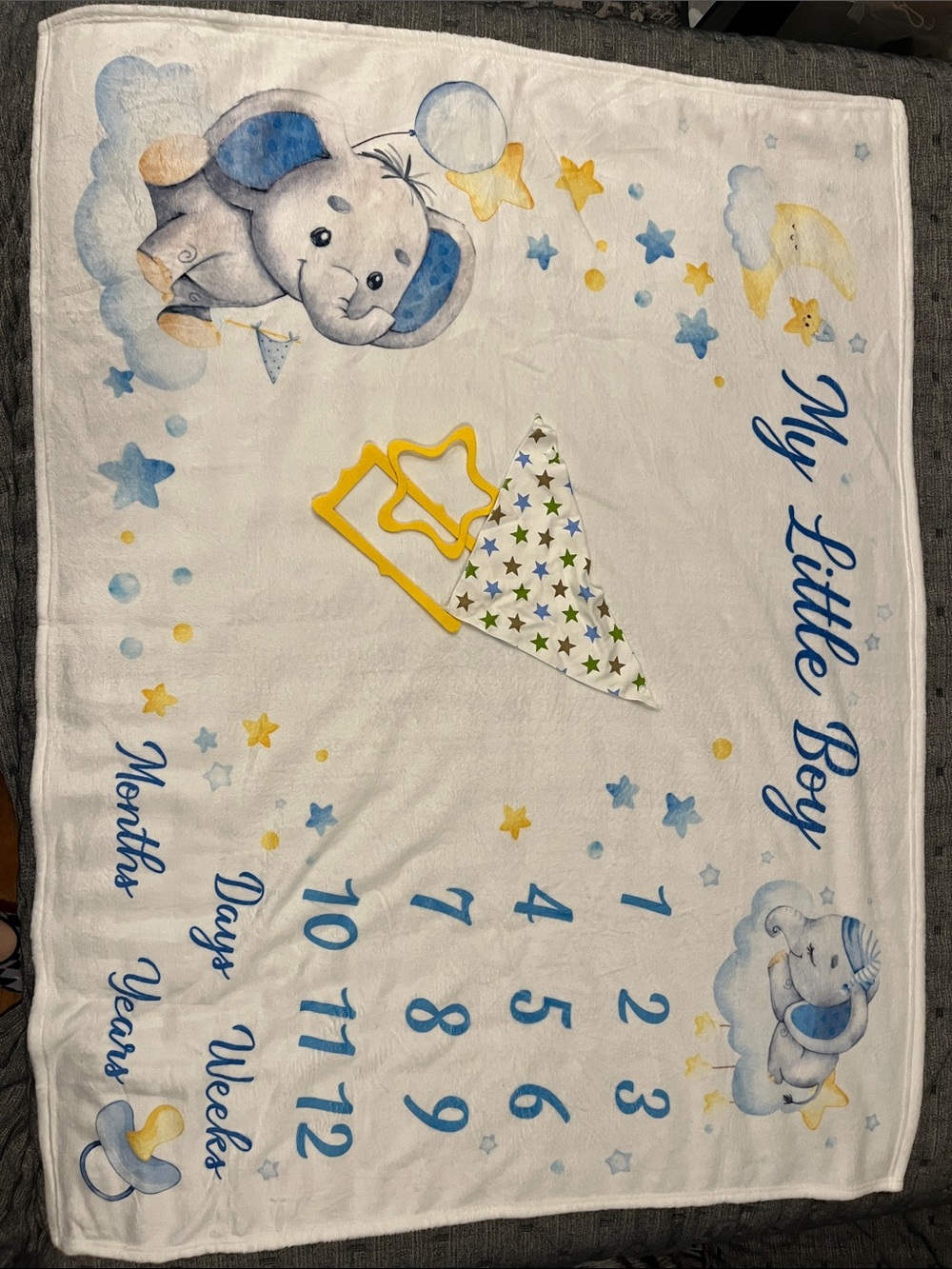 Plush Baby Milestone Blanket - Blue Elephant "My Little Boy"